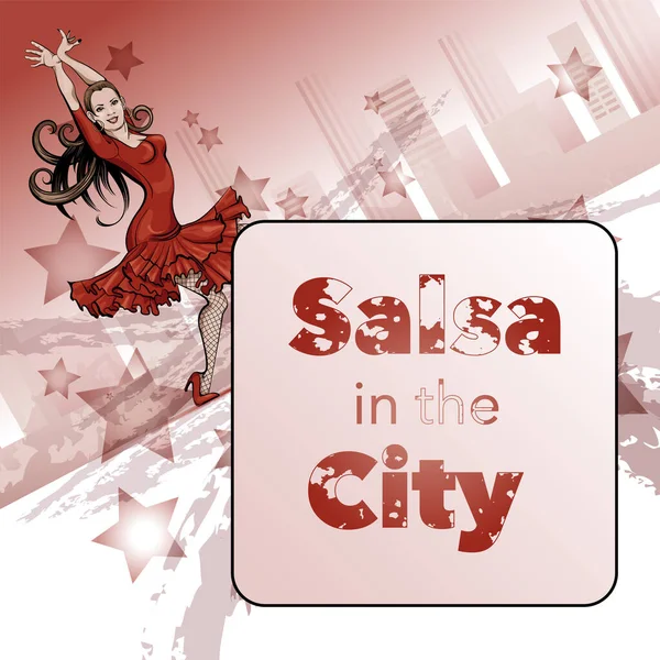 Mujer bailando salsa, mamba. Banner, afiche para un club de baile latino, carnaval, fiesta. Chica con un vestido rojo. Estilo de boceto vectorial . — Vector de stock