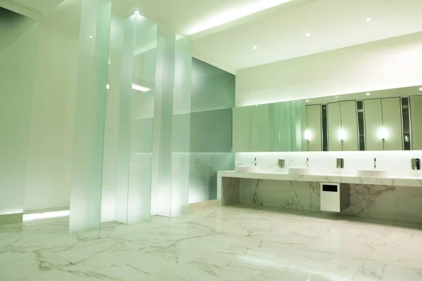 the glass wall and good lighting setup in the elegant public restroom