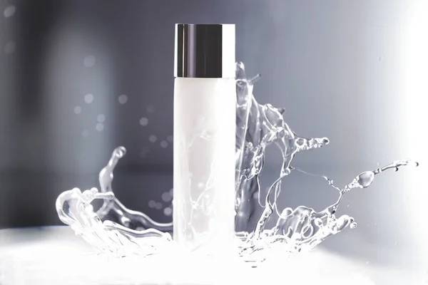 a white packaging of cosmetic product was setup for shooting with water splash in studio
