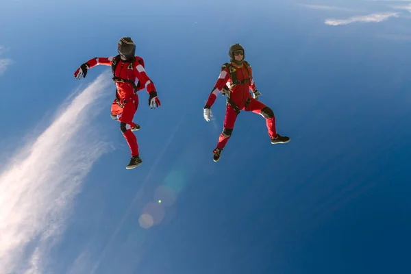 两个跳伞运动员在自由落体中形成了一个人形 极端体育概念 — 图库照片