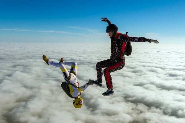 スカイダイビング写真 フリーフォールでは2人のスポーツパラシュートがフィギュアを製作した 極端なスポーツコンセプト — ストック写真