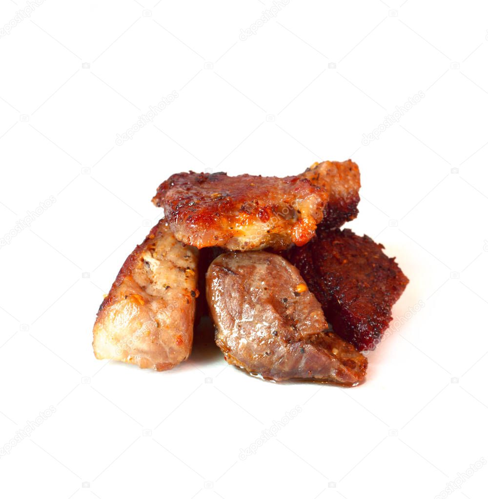 Few pieces of roasted meat pork shoulder isolated on white background