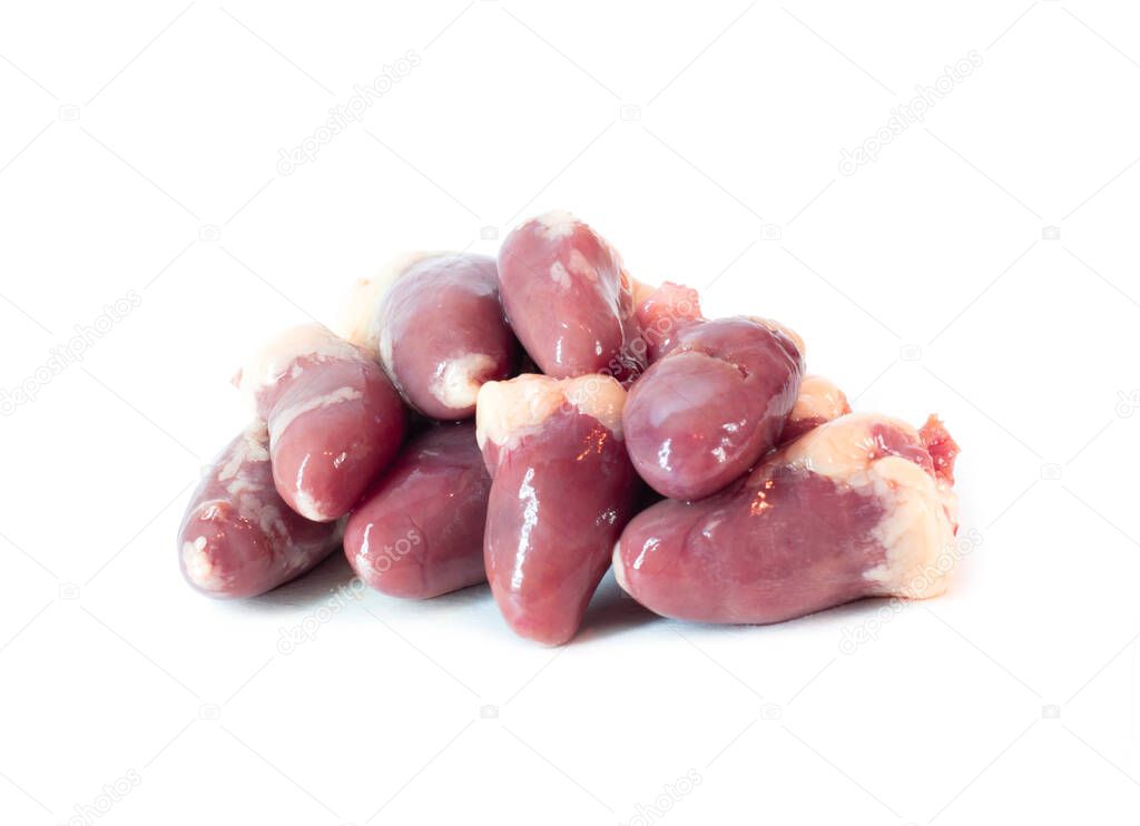 Raw fresh meat chicken offals - few hearts isolated on white background