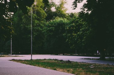 Ağaçları ve yürüyüş yolları olan küçük bir parkın fotoğrafı.