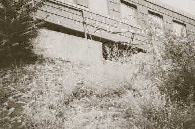 Tek renkli siyah beyaz bir fotoğraf. Köprüden geçen bir trenin.