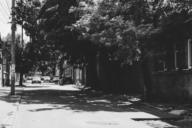 Odessa, Ukrayna - 23 Ağustos 2017: Güneşli bir günde şehir manzarası: özel sektörde bir sokak, eski tek katlı evler ve taş döşeli bir yol, bir sürü yeşil ağaç ve çimen. Film çim efektli sanat tonlu fotoğraf