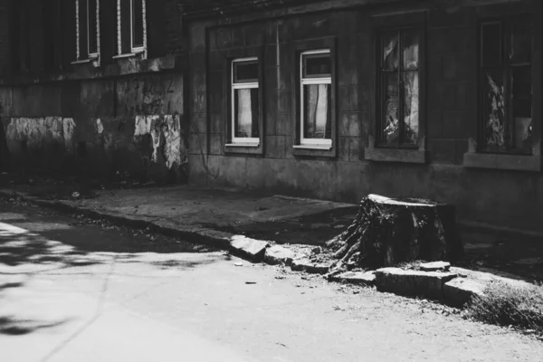 ウクライナのオデッサ 晴れた日の街の風景 民間部門の通り 古い1階建ての住宅や石舗装道路 緑の木々や草の多く フィルム草効果とアートトーン写真 — ストック写真