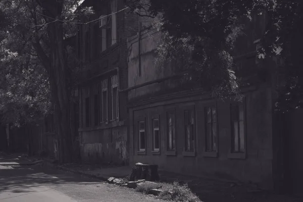 ウクライナのオデッサ 晴れた日の街の風景 民間部門の通り 古い1階建ての住宅や石舗装道路 緑の木々や草の多く フィルム草効果とアートトーン写真 — ストック写真