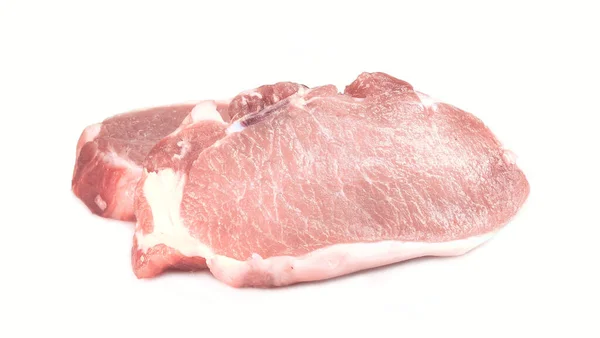 Zwei Scheiben Rohes Frisches Fleisch Schweinefleisch Chalagach Isoliert Auf Weißem — Stockfoto