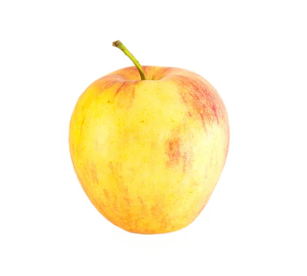 Een Hele Rijpe Gele Appel Met Rode Strepen Geïsoleerd Witte — Stockfoto