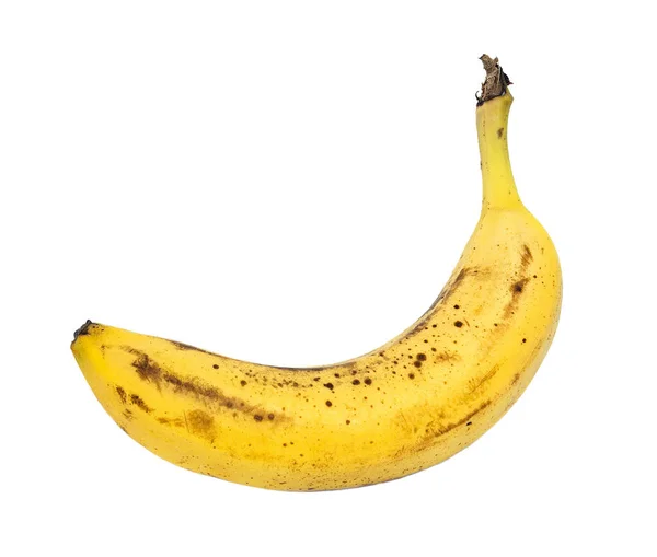 Один Спелый Желтый Банан Коричневыми Пятнами Изолированы Белом Фоне — стоковое фото