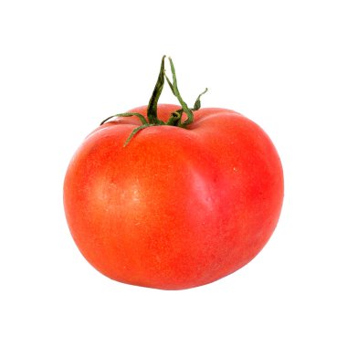 Beyaz arka planda yeşil kuyruklu olgun kırmızı bir domates.