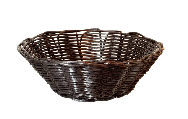 One Brown Empty Wicker Fruit Basket Isolated White Background — Stock Photo, Image