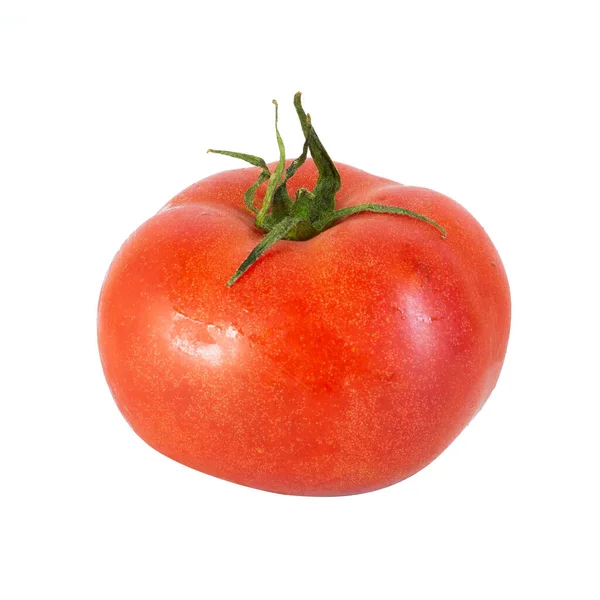 Eine Reife Leuchtend Rote Tomate Mit Grünem Schwanz Isoliert Auf — Stockfoto