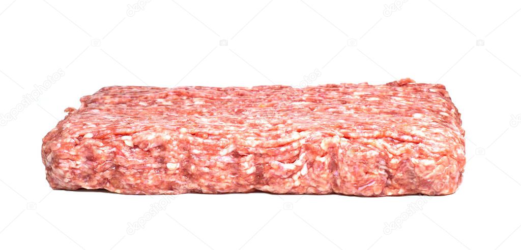 One rectangular minced pork and beef meat isolated on white background