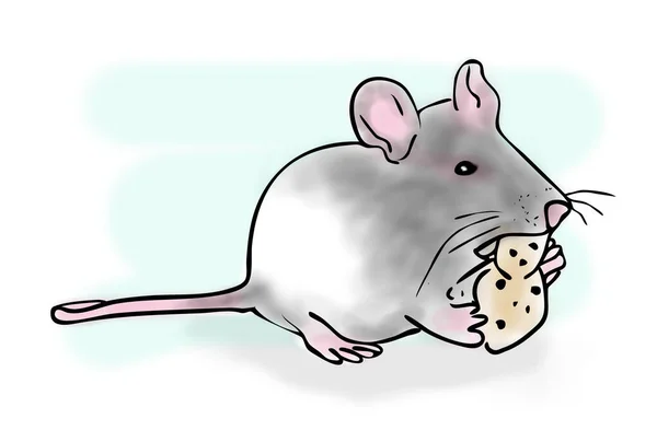 Digital Illustration Color Sketch Rat Eating Piece Cheese Blue Background — Stock Photo, Image