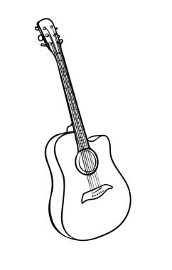 Vektör illüstrasyonu, izole edilmiş akustik gitar siyah ve beyaz renkler, ana hatlı el çizimi