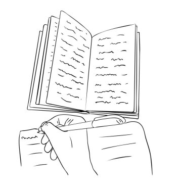 Vektör illüstrasyonu, karalamalı açık kitap ve siyah beyaz kalemle çizilmiş el çizimi.