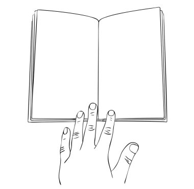 Vektör illüstrasyonu, izole edilmiş boş kitap ve üzerine siyah beyaz renkler çizilmiş el çizimi.