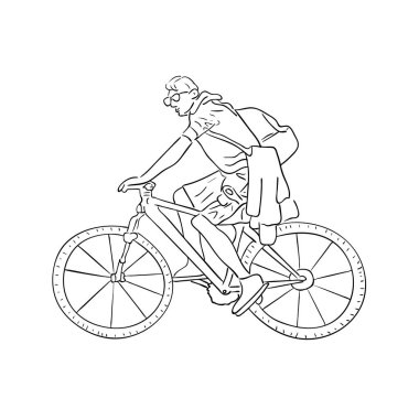 Vektör illüstrasyonu, siyah beyaz bisiklet süren izole bir adam, ana hatlarıyla el çizimi.