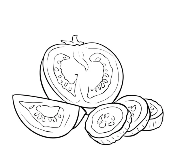 Ilustración Vectorial Tomate Pepino Rodajas Aisladas Colores Blanco Negro — Archivo Imágenes Vectoriales