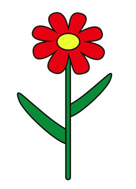 Vektör çizimi, kırmızı yapraklı çiçek, sarı yuvarlak merkez, yeşil saplı ve beyaz arkaplanda izole edilmiş düz çizgi film tarzında yapraklar.