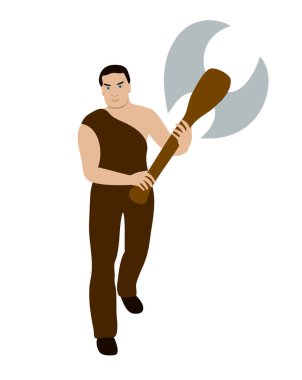 Vektör çizimi, düz karikatür savaşçısı elinde büyük bir savaş baltası beyaz arka planda izole edilmiş.