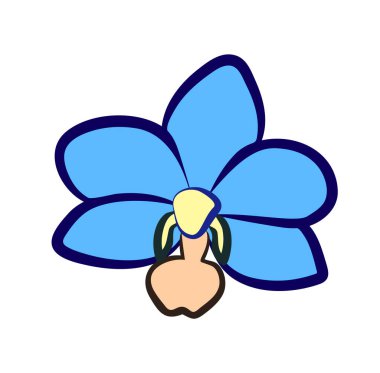 Vektör illüstrasyonu, düz çizgi film mavi orkide çiçeği sarı ve turuncu parçalar beyaz arka planda izole