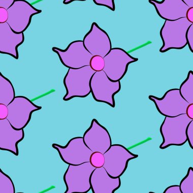 Vektör illüstrasyonu, parlak, pürüzsüz çiçek deseni, açık mavi arkaplanda çizim tarzında mor dipladenia çiçekleri.