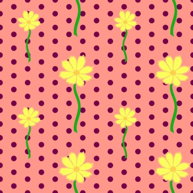 Vektör illüstrasyonu, klasik tarzda parlak kusursuz çiçek deseni, pembe noktalı arka planda güzel sarı kozmos çiçekleri.