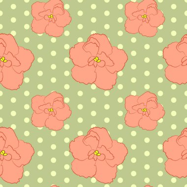 Vektör illüstrasyonu, klasik tarzda yumuşak, pürüzsüz çiçek deseni, gri noktalı arkaplanda güzel pembe renkli çiçekler.