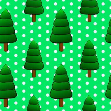 Vektör illüstrasyonu, klasik tarzda pürüzsüz desen, yeşil noktalı arka planda güzel bir çizgi film köknar ağacı.
