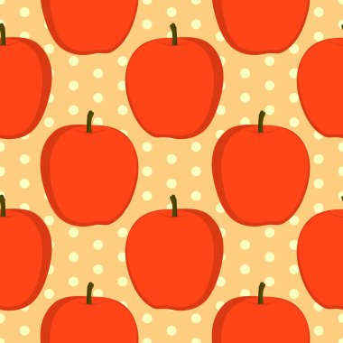 Vektör illüstrasyonu, klasik tarzda pürüzsüz desen, bej noktalı arkaplanda güzel kırmızı elmalar.