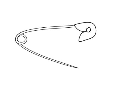 Vektör illüstrasyonu, siyah ve beyaz renkli izole güvenlik iğnesi, ana hatlı el çizimi