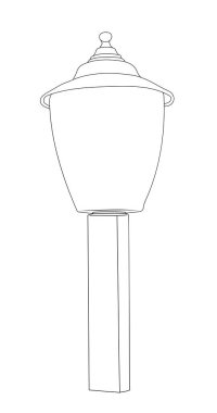 Vektör illüstrasyonu, izole edilmiş küçük sokak lambası, siyah beyaz renklerde, ana hatları elle çizilmiş.