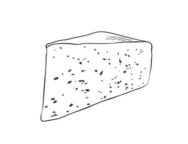 Vektör illüstrasyonu, izole edilmiş, siyah ve beyaz renklerde küçük delikleri olan bir peynir parçası, ana hatlarıyla el çizimi.