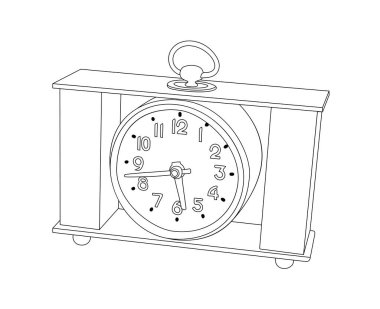 Vektör illüstrasyonu, izole edilmiş klasik masaüstü kare saati siyah ve beyaz renklerde, ana hatlı el çizimi