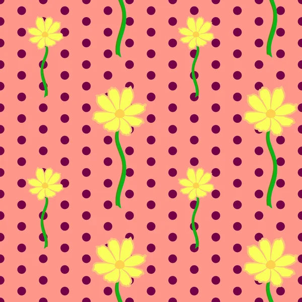 Vektör illüstrasyonu, klasik tarzda parlak kusursuz çiçek deseni, pembe noktalı arka planda güzel sarı kozmos çiçekleri.