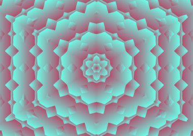 Dijital illüstrasyon, geometrik soyut renkli kaleydoskop simetrik desen ve gradyan etkisi. Klasik güzel dekoratif yeşil arkaplan