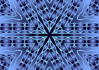 Dijital illüstrasyon, geometrik soyut renkli kaleydoskop simetrik desen ve gradyan etkisi. Klasik güzel dekoratif mavi arkaplan