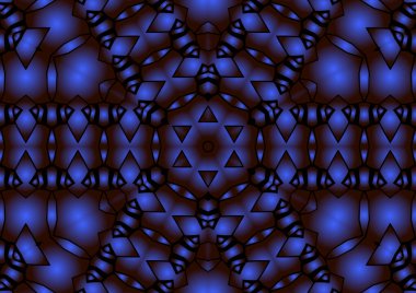 Dijital illüstrasyon, geometrik soyut renkli kaleydoskop simetrik desen ve gradyan etkisi. Klasik güzel dekoratif mavi arkaplan