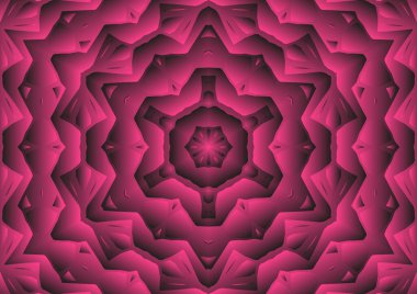 Dijital illüstrasyon, geometrik soyut renkli kaleydoskop simetrik desen ve gradyan etkisi. Klasik güzel dekoratif pembe arkaplan