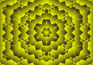 Dijital illüstrasyon, geometrik soyut renkli kaleydoskop simetrik desen ve gradyan etkisi. Klasik güzel dekoratif sarı arkaplan