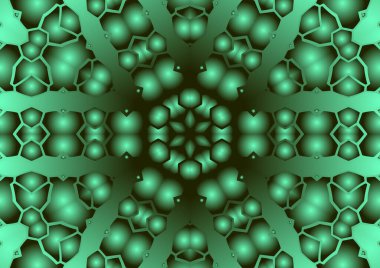 Dijital illüstrasyon, geometrik soyut renkli kaleydoskop simetrik desen ve gradyan etkisi. Klasik güzel dekoratif yeşil arkaplan