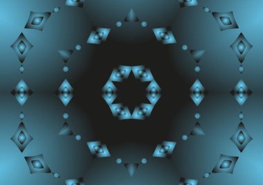 Dijital illüstrasyon, geometrik soyut renkli kaleydoskop simetrik desen ve gradyan etkisi. Klasik güzel dekoratif mavi arkaplan