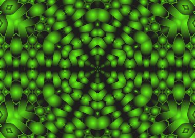 Dijital illüstrasyon, geometrik soyut renkli kaleydoskop simetrik desen ve gradyan etkisi. Klasik güzel dekoratif yeşil arkaplan