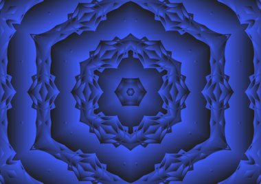 Dijital illüstrasyon, geometrik soyut renkli kaleydoskop simetrik desen ve gradyan etkisi. Klasik güzel dekoratif mavi arkaplan