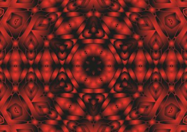 Dijital illüstrasyon, geometrik soyut renkli kaleydoskop simetrik desen ve gradyan etkisi. Klasik güzel dekoratif kırmızı arkaplan