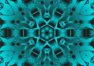 Dijital illüstrasyon, geometrik soyut renkli kaleydoskop simetrik desen ve gradyan etkisi. Klasik güzel dekoratif mavi arkaplan