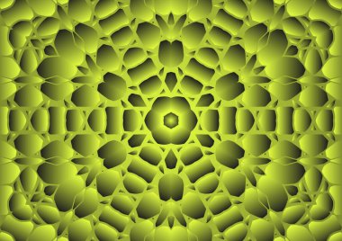 Dijital illüstrasyon, geometrik soyut renkli kaleydoskop simetrik desen ve gradyan etkisi. Klasik güzel dekoratif sarı arkaplan